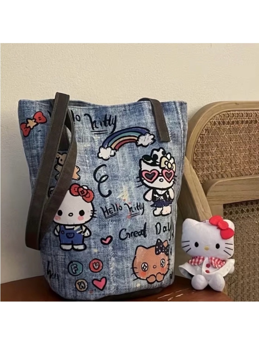 Hello Kitty Multicolor Denim-Print Tote with Brown Straps - Picture 2 of 3